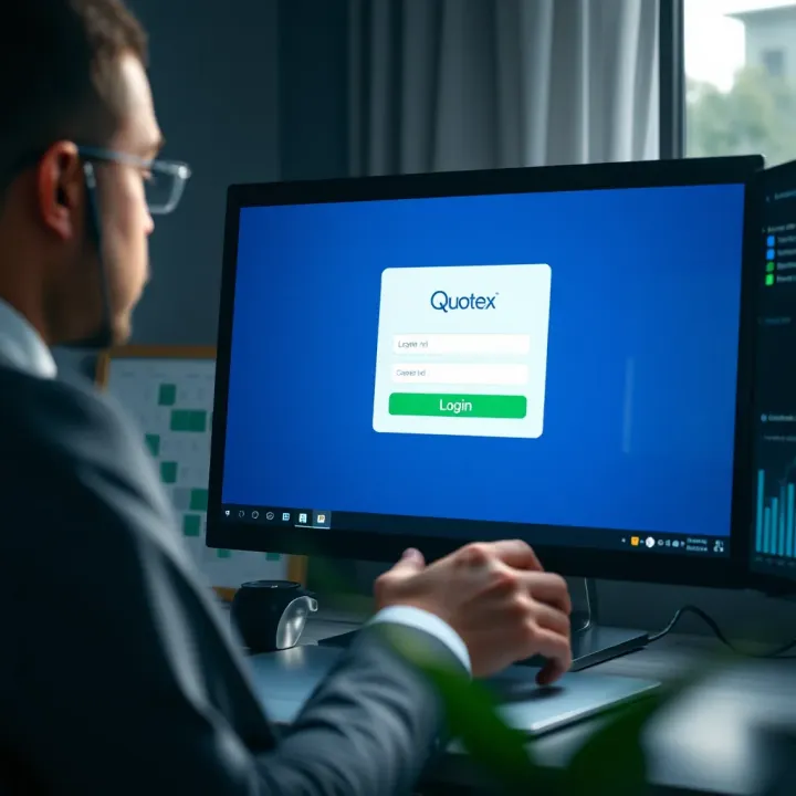 User logging into Quotex platform on a desktop computer displaying the login interface