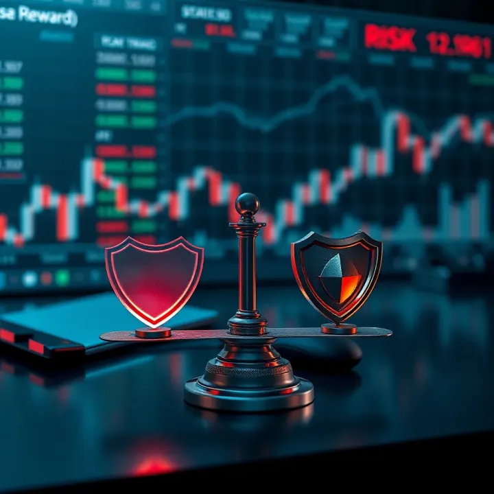 Balancing Risk and Reward in Financial Trading Visual representation of risk and reward balance with financial graphs and safety shields