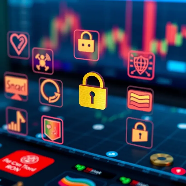 Icons representing security, regulations, and risk management in financial trading platforms