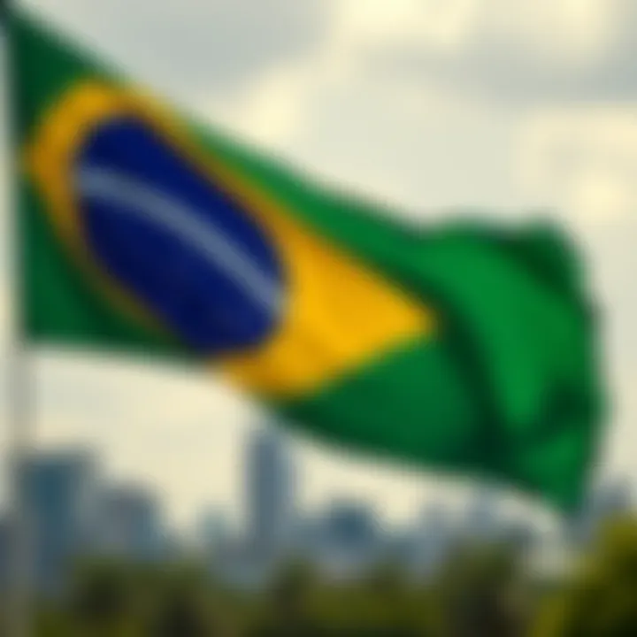 Brazil's Economic Dynamics and Trade Relations in Global Market Brazilian flag waving with symbols of economic growth and trade relations