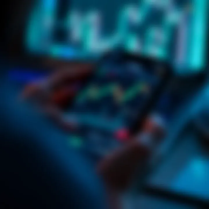 Mobile device displaying various trading app features and charts