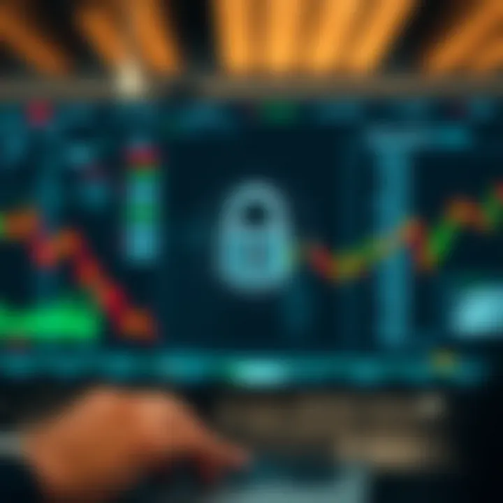 Secure online trading environment with digital security icons and financial data