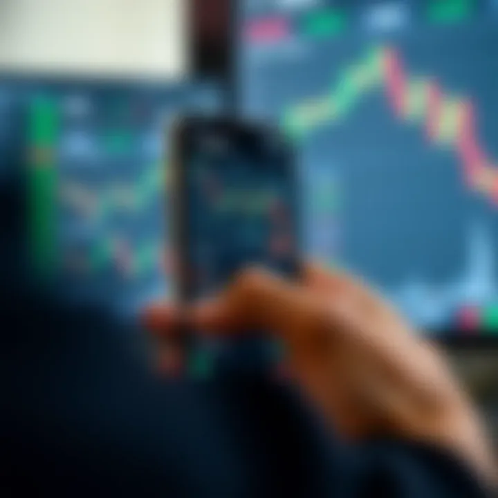 User interface of IQ Option mobile app showing various financial charts and trading options