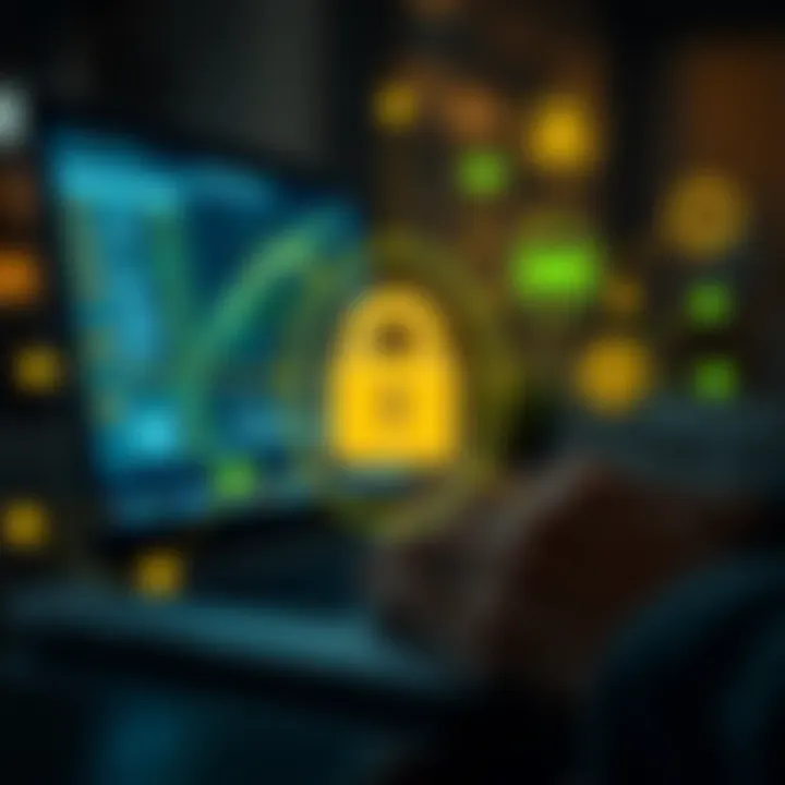 Secure online transaction with financial icons representing credit and technology