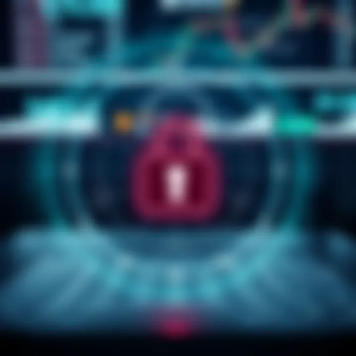 Secure financial transaction concept with digital padlock and currency symbols