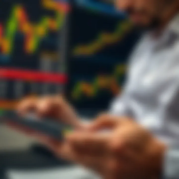 Utilizing a Pip Calculator for Accurate Forex Trading Calculations Forex trader calculating pip values on a digital device with currency charts in the background