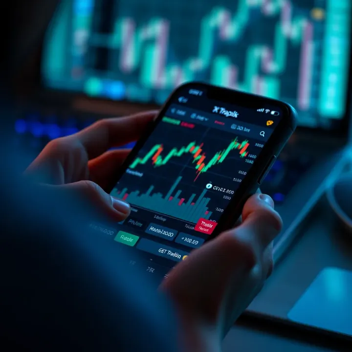 Mobile device displaying various trading app features and charts