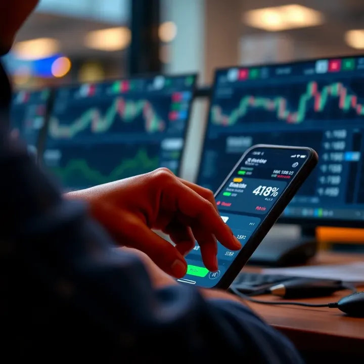 User interacting with a mobile trading app showing investment portfolio and risk management features
