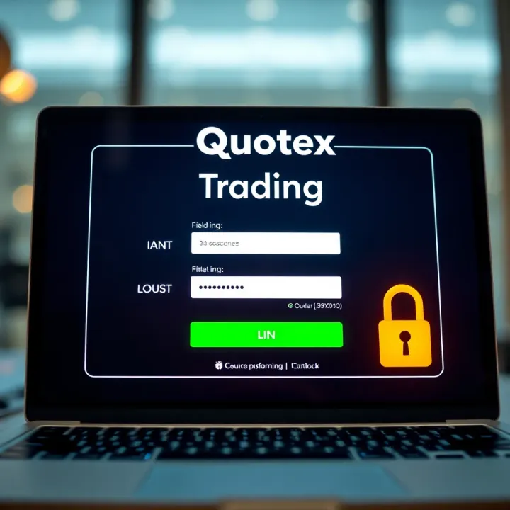 Secure login interface of the Quotex trading platform showing input fields and security icons