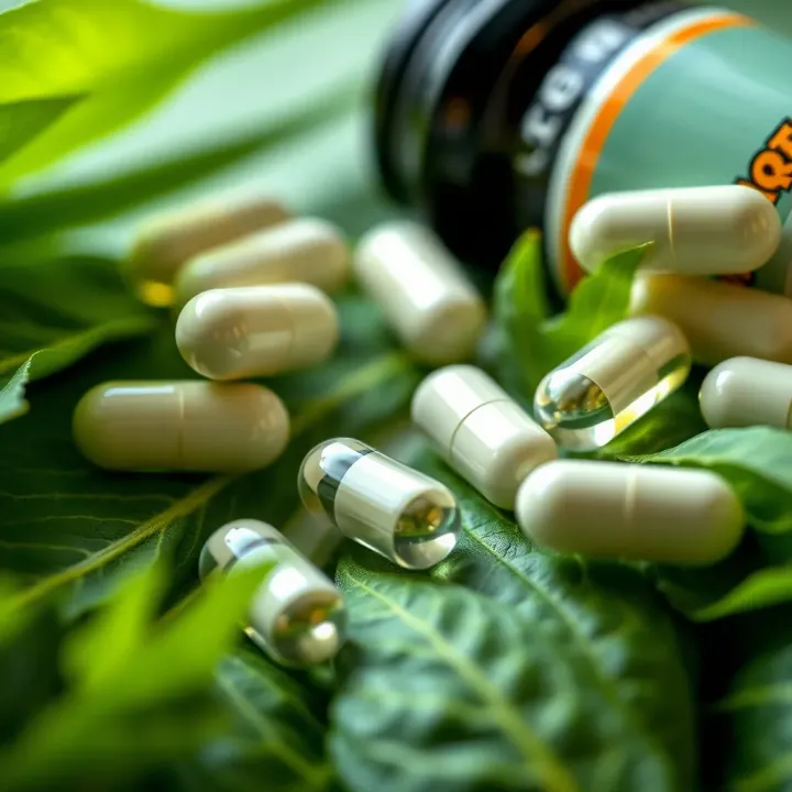 Close-up of green leaves and capsules representing natural health supplements