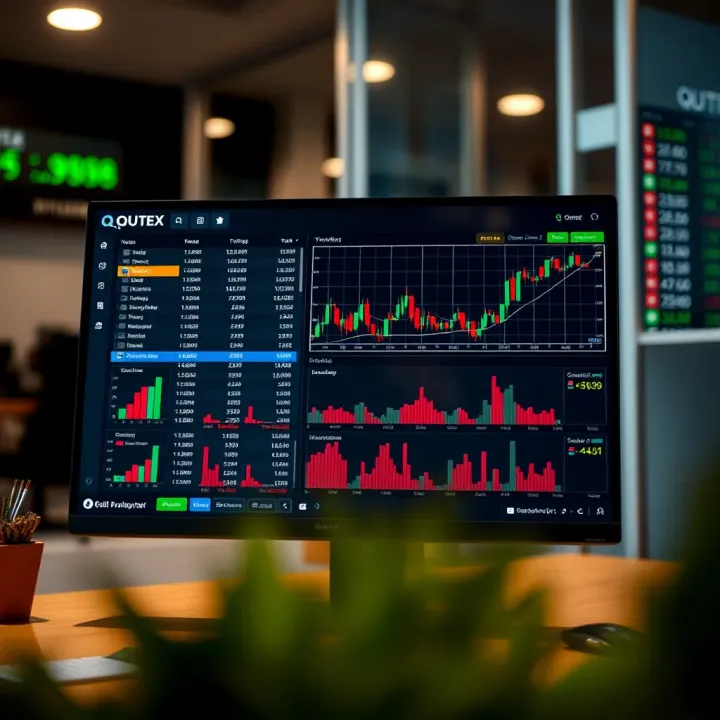 Computer screen displaying Quotex trading platform interface with charts and trading options