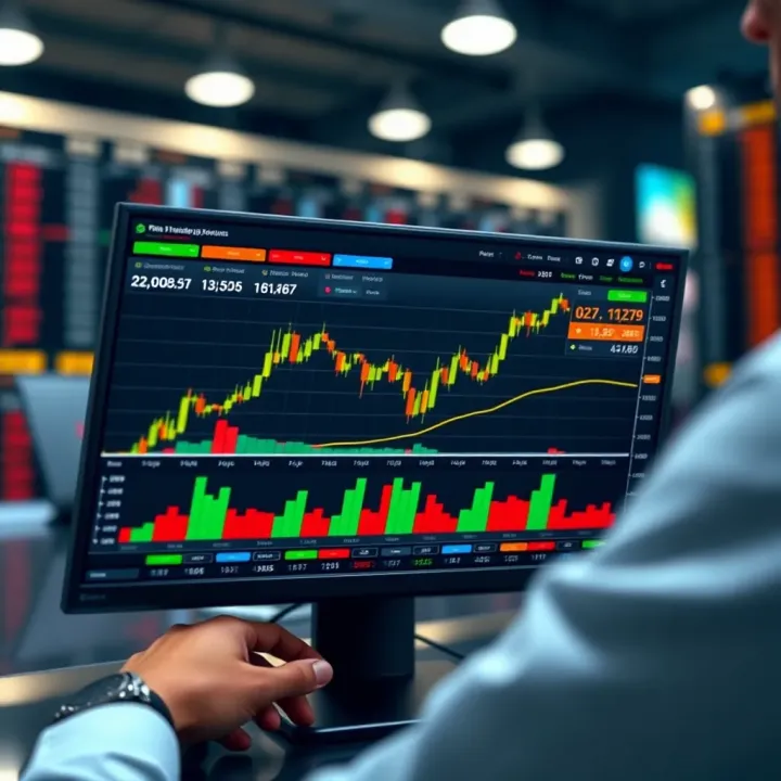 Illustration of a digital trading platform displaying simulated investment charts and data