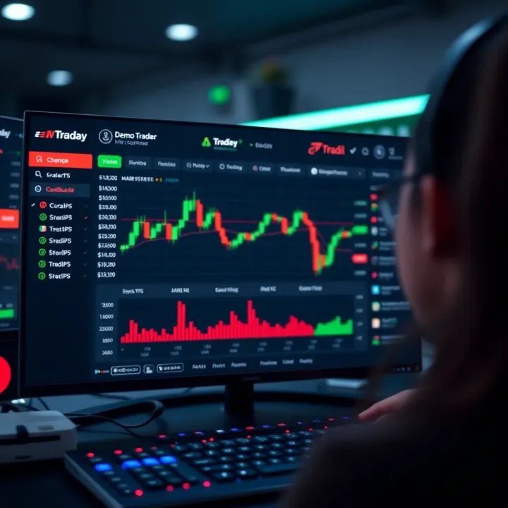 User interface of a financial trading platform displaying a demo account dashboard with virtual funds and market charts