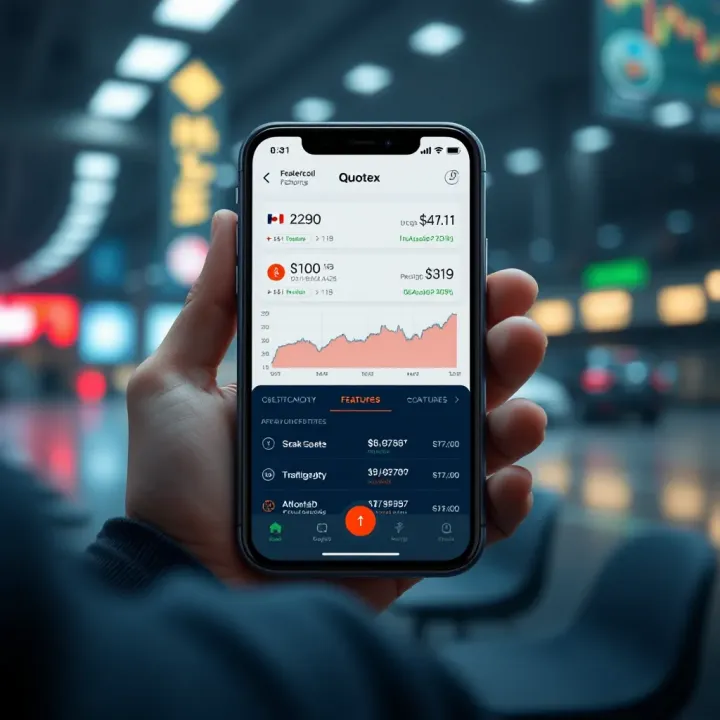 Mobile device displaying trading statistics and security features of Quotex app