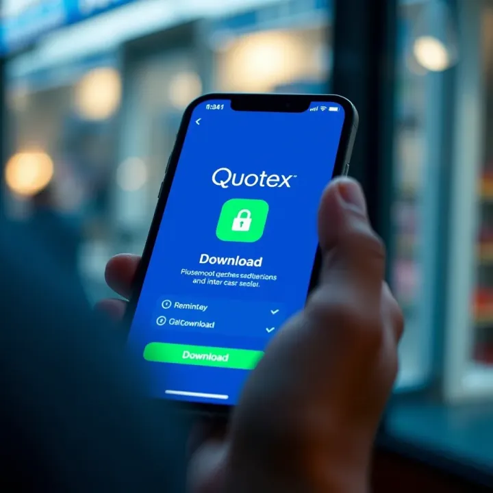 Mobile device screen showing Quotex app download interface with security verification icons