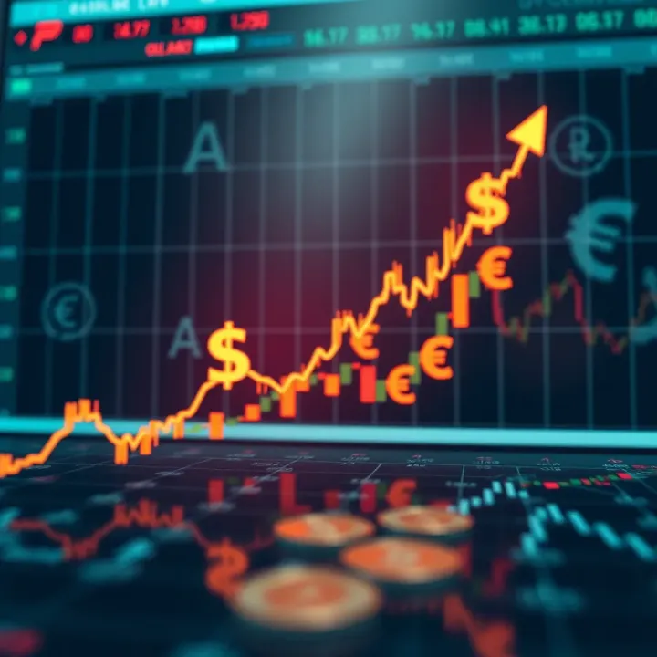 Graph showing upward trend in financial market with various currency symbols overlay