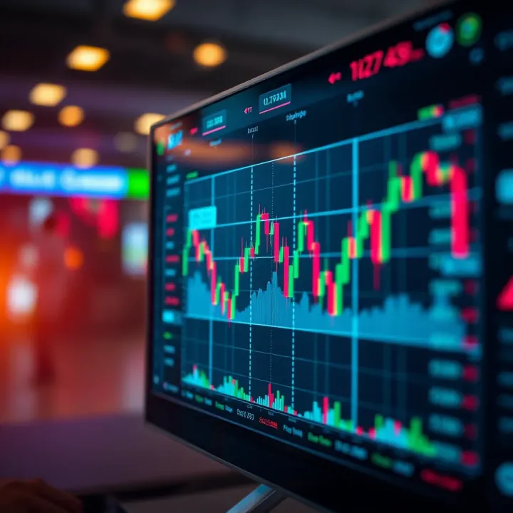 Visual Representation of Online Forex Market Fluctuations Digital screen displaying fluctuating currency exchange rates and forex trading graphs