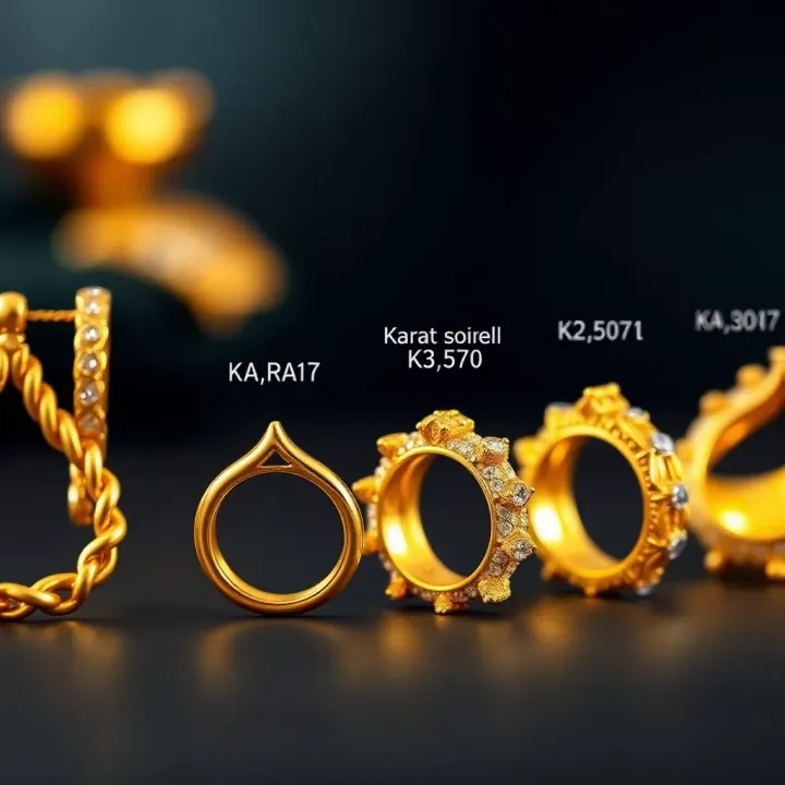 Comparison of gold purity levels with different karat marks on gold jewelry pieces
