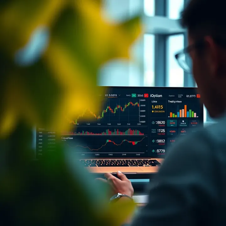 Overview of the iOption trading platform interface showcasing financial charts and binary option choices