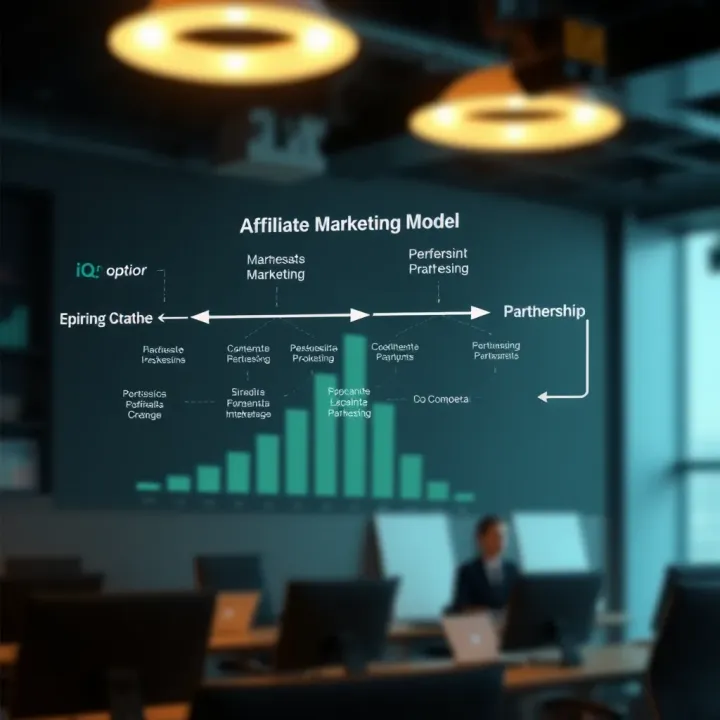 Diagram illustrating the affiliate marketing flow for IQ Option with arrows connecting partnership steps