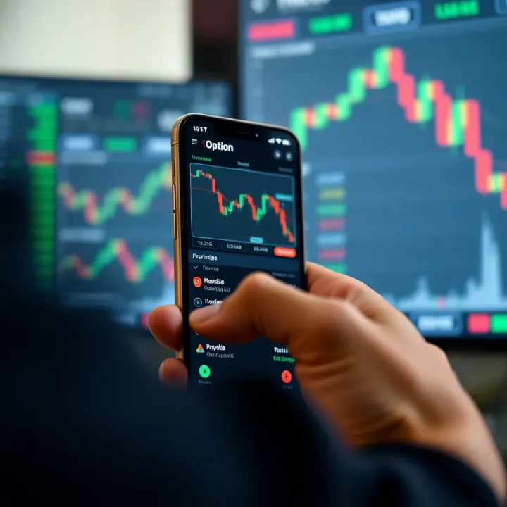 User interface of IQ Option mobile app showing various financial charts and trading options