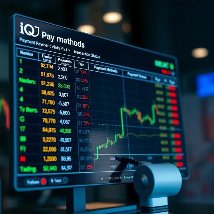 Digital financial chart displaying payment methods and transaction status for IQ Option platform