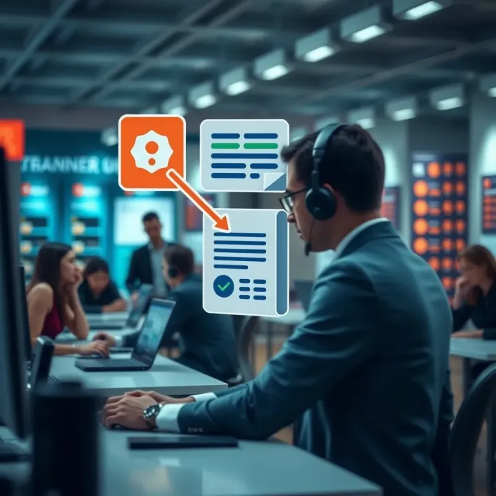 Customer Support and Verification Process at IQ Option Graphic depicting customer support interaction with documents and verification icons