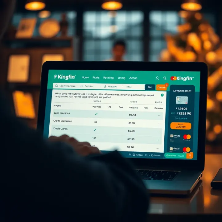 Interface of Kingfin platform showing comparison options for loans, insurance, and credit cards