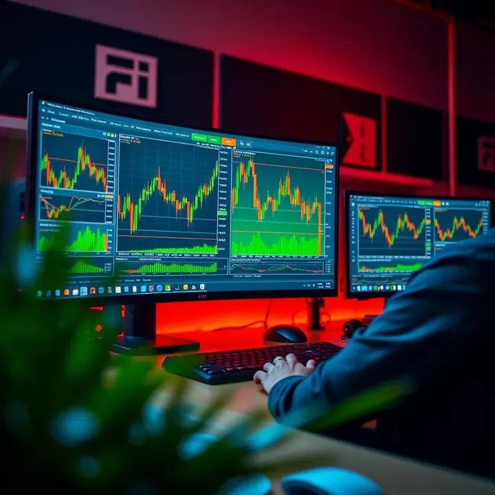 Illustration of a personal computer setup with charts and trading tools visible on the monitor