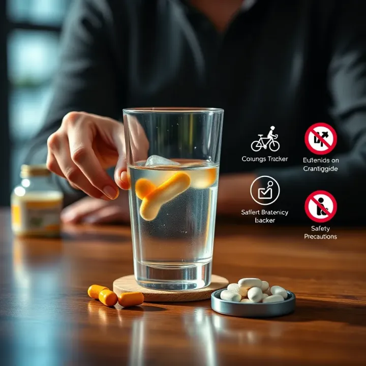 Proper Usage and Safety Precautions for Quattox Illustration showing proper method to take Quattox with a glass of water alongside safety precautions