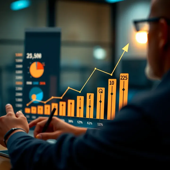 Graph and icons representing effective strategies to increase affiliate earnings on Quotex platform