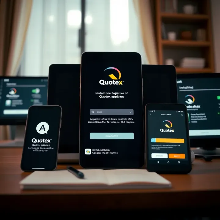 Quotex Application Installation and Compatibility Across Devices Various electronic devices displaying Quotex app with installation status and compatibility indicators
