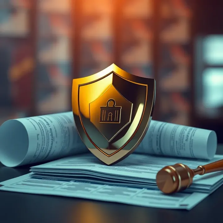 Legal documents and shield symbolizing safety and legal protection in online investments