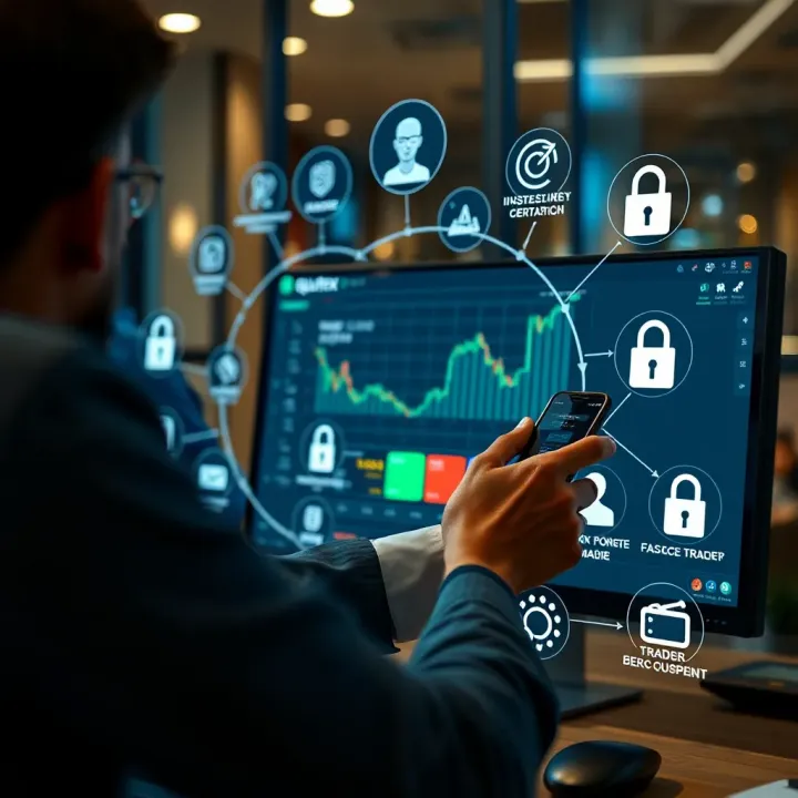 Exploring Key Functionalities and Security Features of Quotex for PC User interacting with Quotex platform on PC surrounded by icons representing key features and secure trading