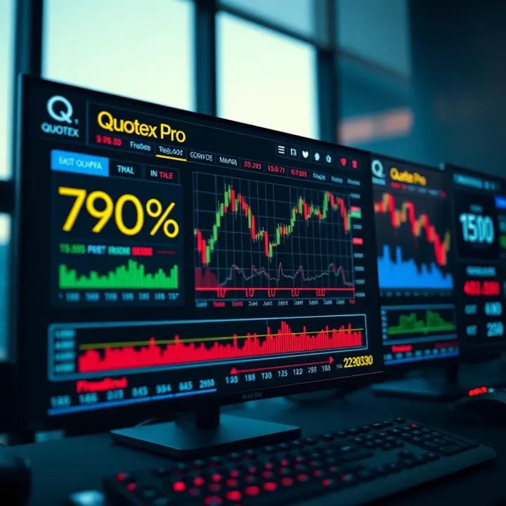 Dashboard interface showcasing Quotex Pro trading platform with various charts and market indicators