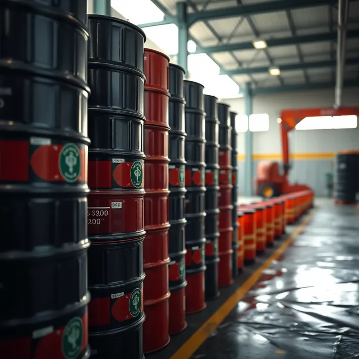 Oil barrels stacked in a secure storage facility representing reliable petroleum trade