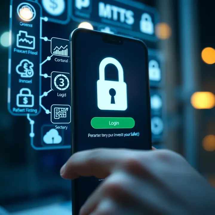 Ensuring Security in Mobile Investment Apps Usage Secure login screen with financial icons representing safety in mobile investments
