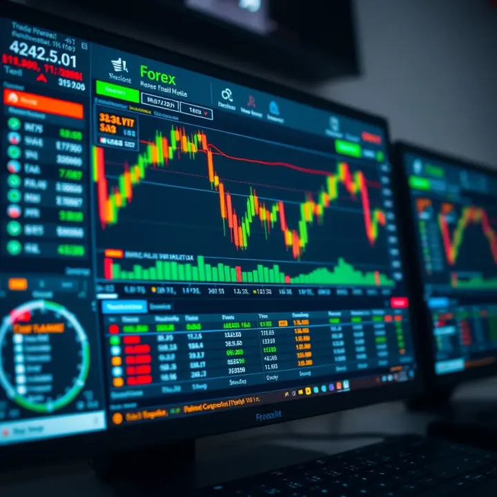 Computer screen showing forex trading platform with currency exchange rates and trading tools