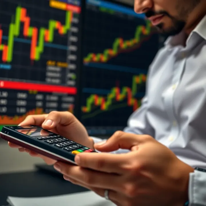 Utilizing a Pip Calculator for Accurate Forex Trading Calculations Forex trader calculating pip values on a digital device with currency charts in the background